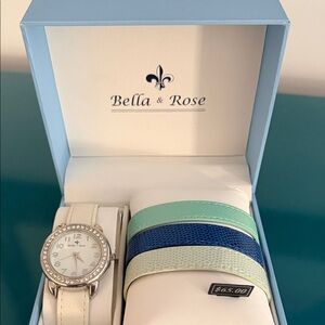 Bella & Rose Women's Silver Watch with Blue and Green Straps